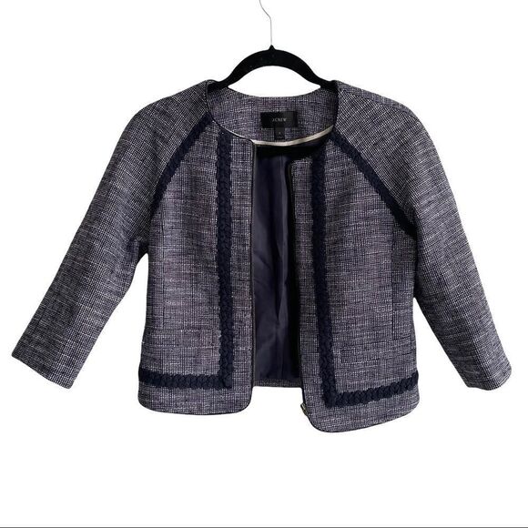 J. CREW Navy Blue Cropped Collarless Tweed Zip Front Blazer Jacket 0 - Picture 5 of 10